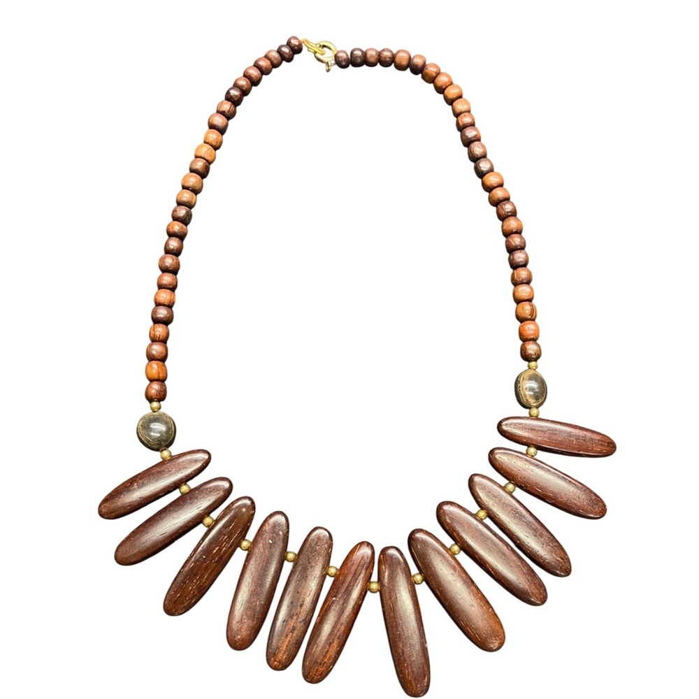 Vintage Brown Wood Bead Bib Necklace Bohemian Earthy MCM 18 Inch